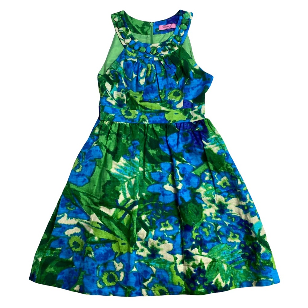 Eliza J. Cotton/linen Abstract Large Floral Retro Beaded Neckline Pocket Dress